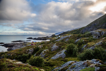 Fototapeta na wymiar Scenic view of Austre Nesland village, mountains and ocean, Lofoten, Norway