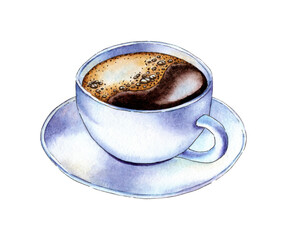 Watercolor illustration of a white coffee cup and saucer. Coffee in a white cup with froth. Black coffee or cappuccino. Hot drink for breakfast. Refreshing drink. Isolated on white background. Drawn