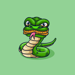 cute green snake coiled with tongue out, cartoon illustration style