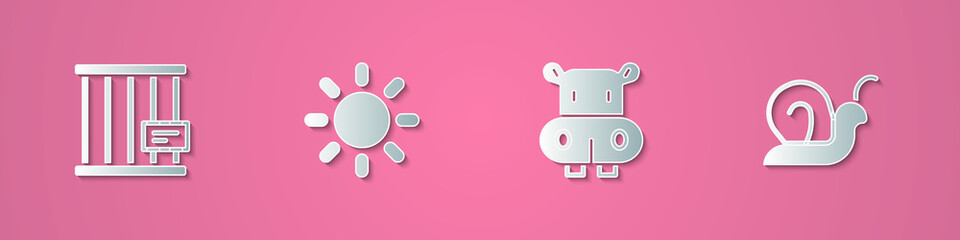 Set paper cut Animal cage, Sun, Hippo or Hippopotamus and Snail icon. Paper art style. Vector