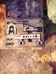 Flaring Tool Kit with Pipe Cutter. Toolbox lies on the workbench in the workshop. View from above. Digital watercolor painting. Contemporary art.