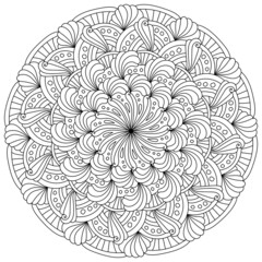 Abstract mandala with ornate petals and dots, meditative coloring page