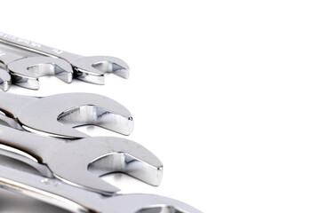 Wrench spanner tools on white background. Copy space for text