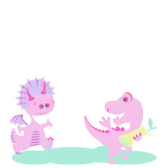 Obraz na płótnie Canvas Pink cute girl dinosaur cartoon image smiling play with pink boy dinosaur running away on a white background. Cute pink girl&boy Dino baby.Vector isolate flat design concept for kids card,web,poster.