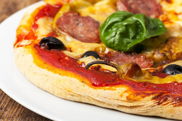 closeup of a pizza with a basil leaf