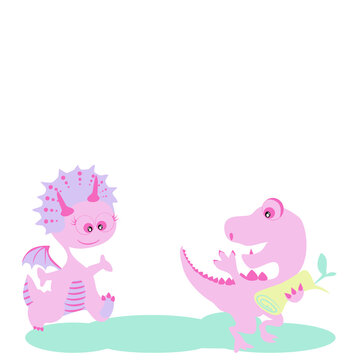 Pink cute girl dinosaur cartoon image smiling play with pink boy dinosaur running away on a white background. Cute pink girl&boy Dino baby.Vector isolate flat design concept for kids  card,web,poster.