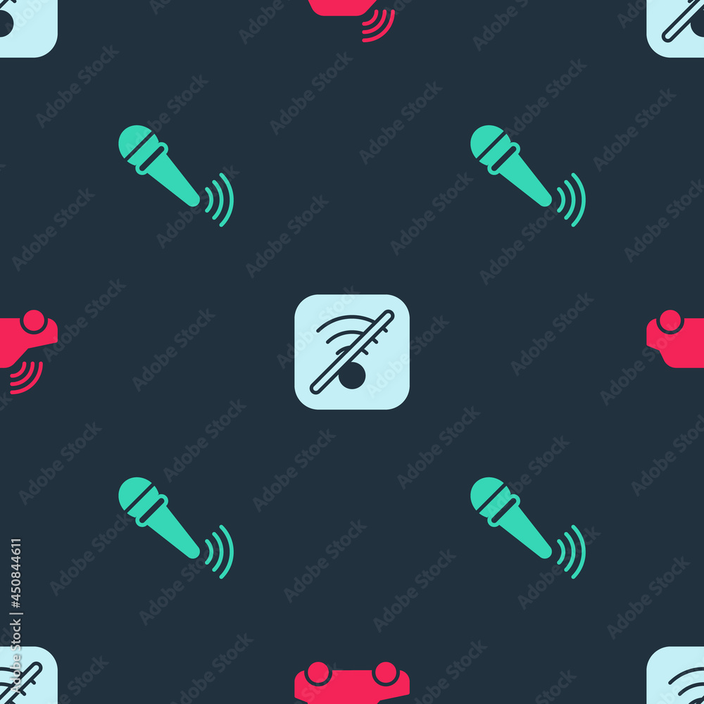 Poster set smart car system, no wi-fi wireless internet and wireless microphone on seamless pattern. vector