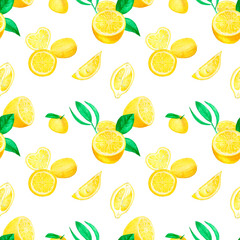 Watercolor seamless paper yellow lemons with green leaves.For paper and fabric.Hand drawn watercolor lemon seamless pattern on blue background. Endless ornament for wrapping paper, wallpaper, fashion.