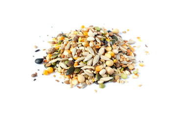 Mixed dry organic cereal and grain seed pile on white background. For healthy food ingredient or carbohydrate food type and agricultural product concept