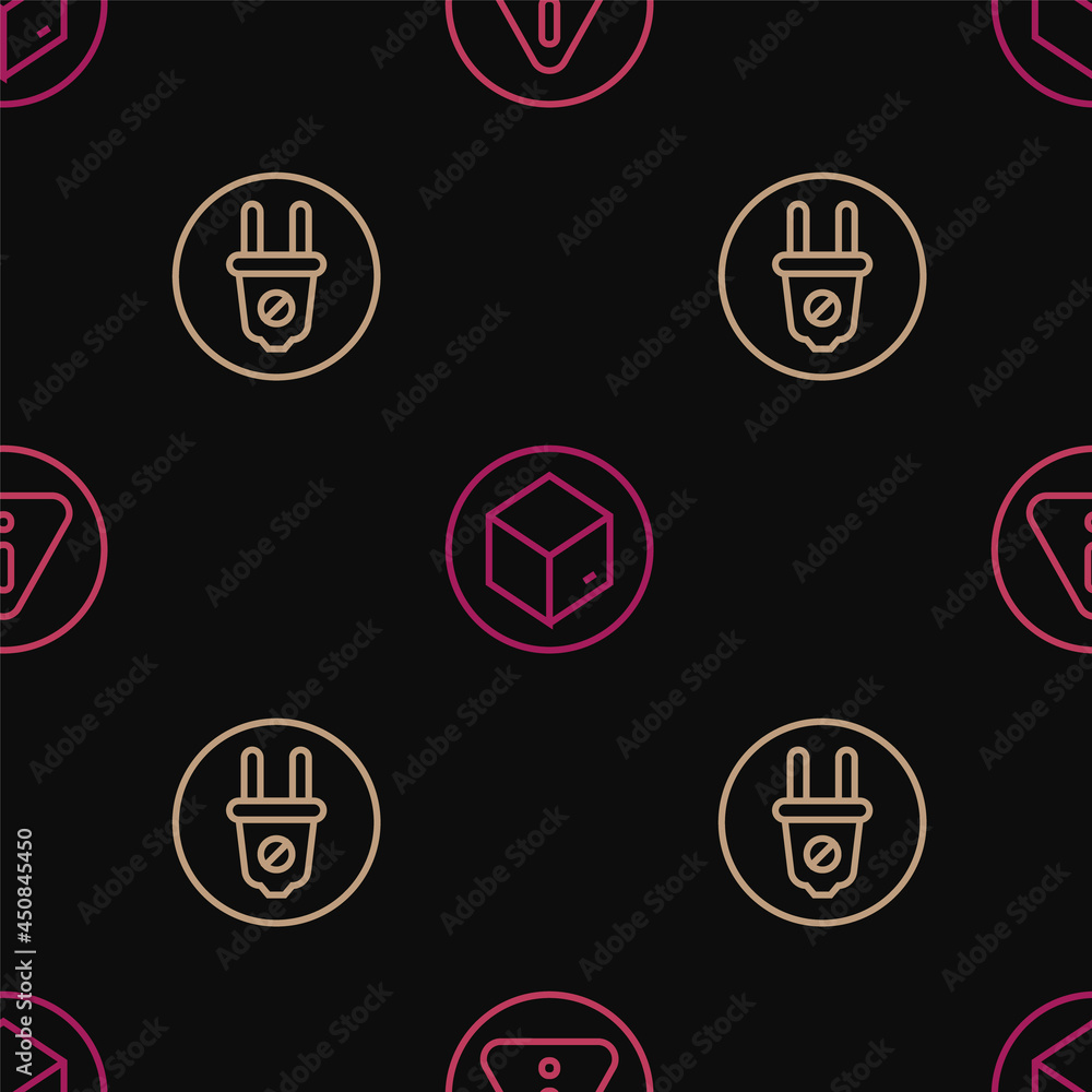 Poster set line exclamation mark in triangle, electric plug and carton cardboard box on seamless pattern. v