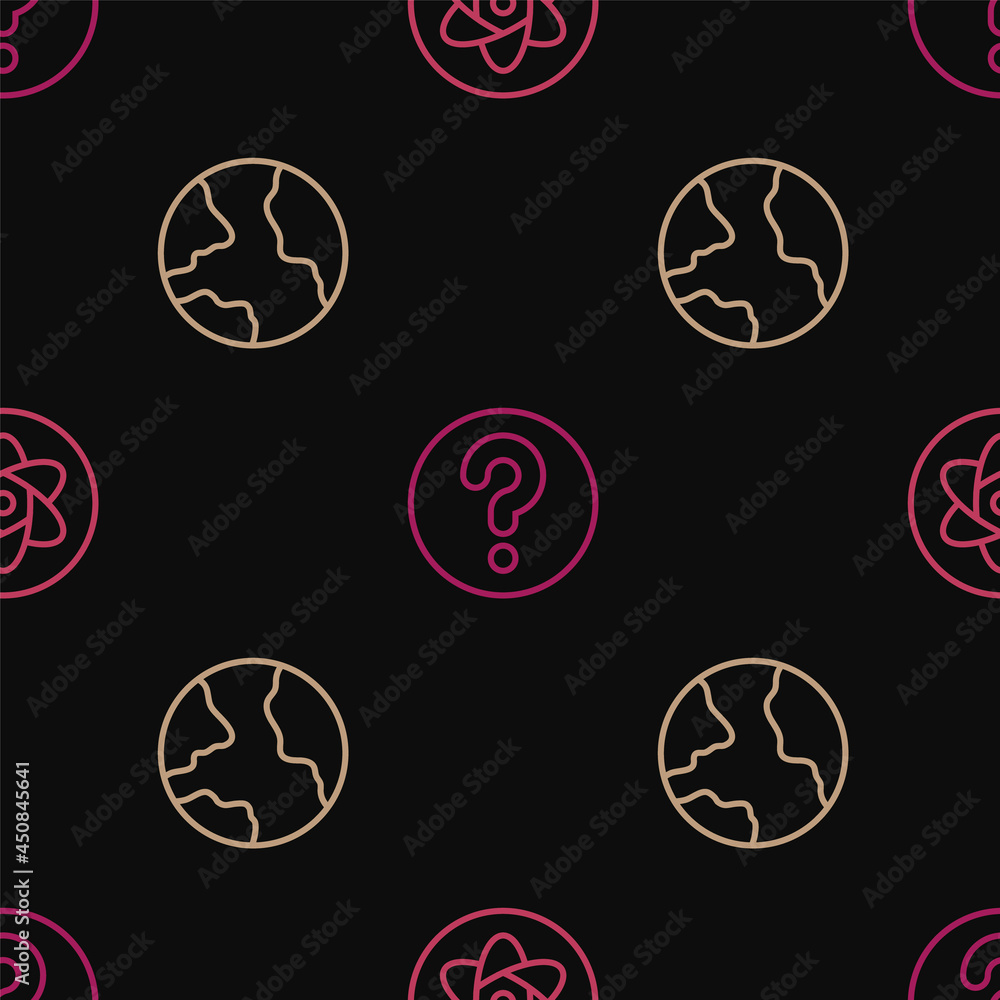 Poster set line test tube and flask, worldwide and unknown search on seamless pattern. vector