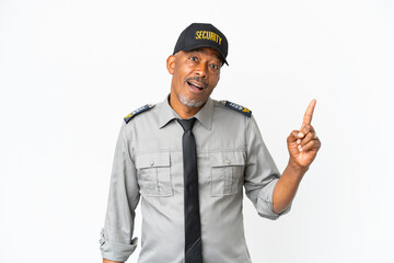 Senior staff man isolated on white background thinking an idea pointing the finger up