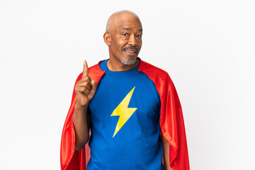 Super Hero senior man isolated on white background thinking an idea pointing the finger up