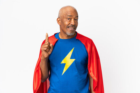 Super Hero senior man isolated on white background thinking an idea pointing the finger up