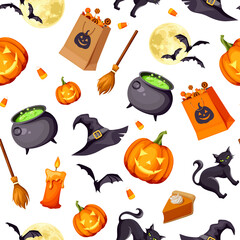 Vector Halloween seamless pattern with jack-o-lanterns, cats, bats, cauldrons, witches hats, candles, brooms, and candies on a white background.
