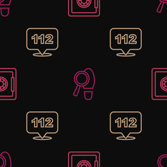Set line Safe, Telephone call 112 and Footsteps on seamless pattern. Vector