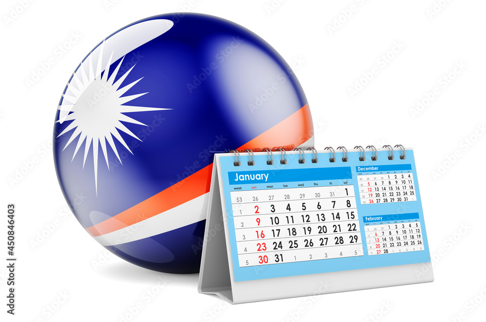 Poster desk calendar with marshallese flag. 3d rendering