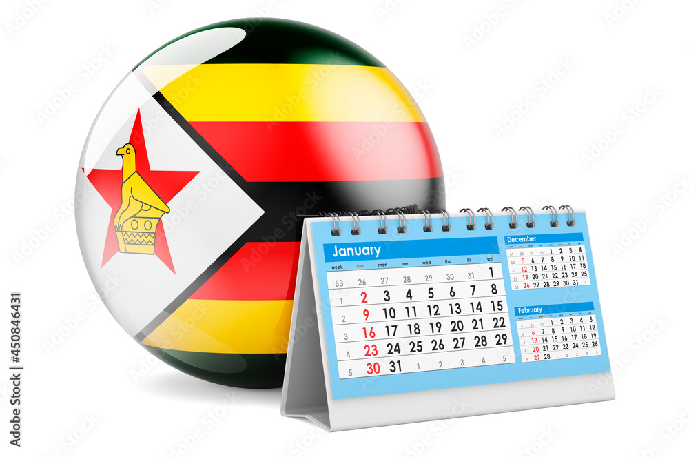 Poster desk calendar with zimbabwean flag. 3d rendering
