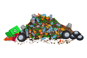 Pile of garbage isolated on white background. Big dump with of trash and rubbish.Waste recycling.City landfill with heap of household waste and junk.Organic and plastic dirty stack.Vector illustration - obrazy, fototapety, plakaty