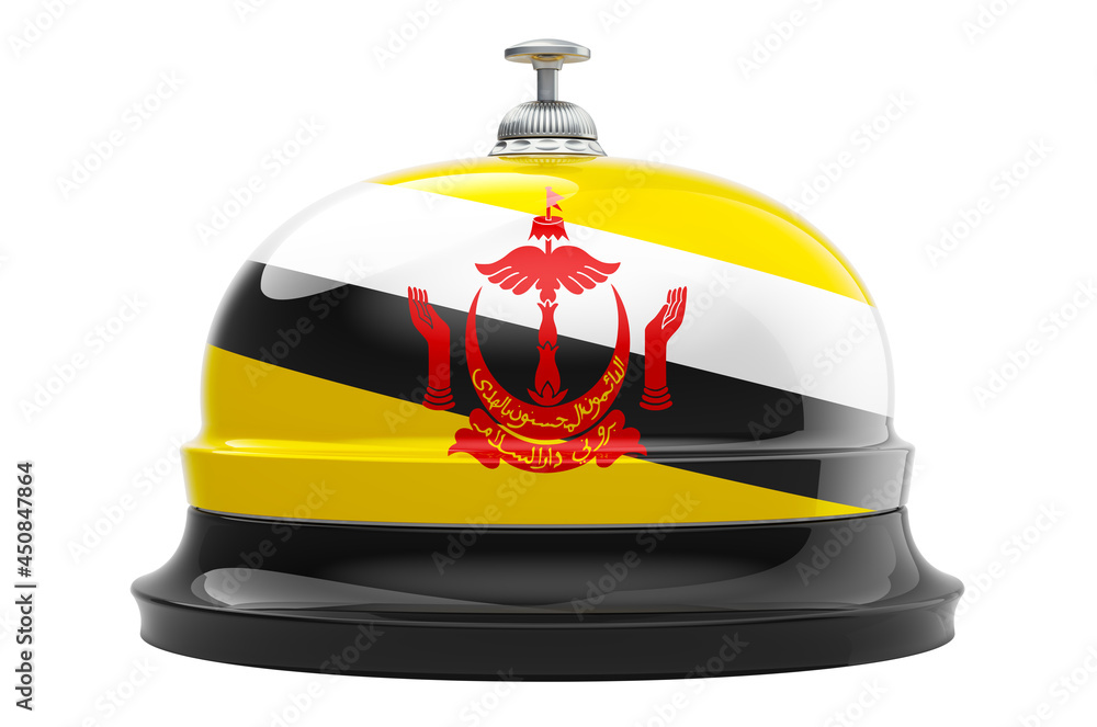 Poster reception bell with bruneian flag, 3d rendering