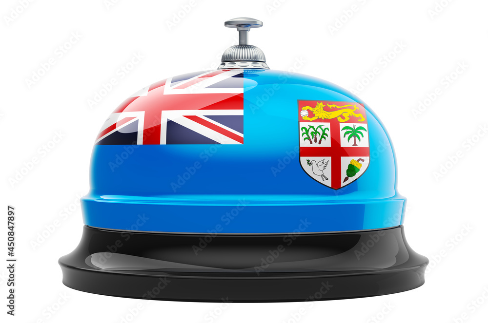 Poster reception bell with fijian flag, 3d rendering