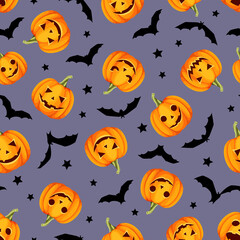 Obraz na płótnie Canvas Vector Halloween seamless pattern with jack-o-lanterns (pumpkins), bats, and stars on a purple background.