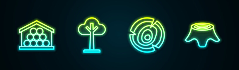 Set line Wooden logs, Tree, and stump. Glowing neon icon. Vector