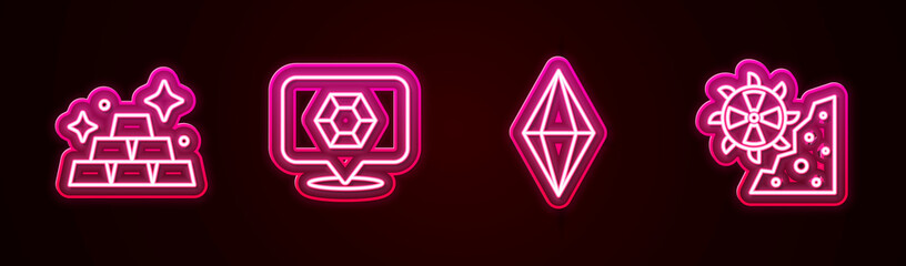 Set line Gold bars, Gem stone, and Bucket wheel excavator. Glowing neon icon. Vector