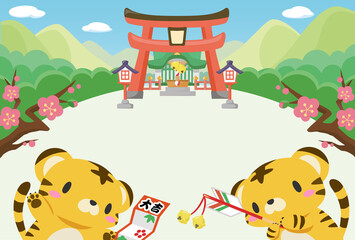 年賀状 2022年　寅年　初詣に行く寅のテンプレート(文字無)