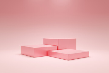 Podium or empty pedestal concept. Geometric shapes podium on pink background. Blank product shelf standing backdrop. Minimal style. 3D rendering.