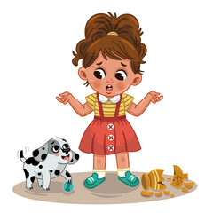 Little cute girl and her naughty dog. Vector illustration.
