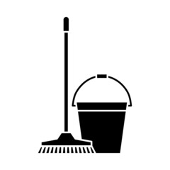 Mop and bucket, cleaning icons. Washing housekeeping equipment sign. Cleaning mop with bucket in glyph style
