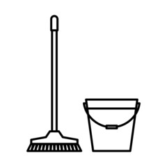Mop and bucket, cleaning outline icons. Washing housekeeping equipment sign. Linear style sign suitable for web, infographics, interface and apps