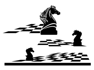 knight chess piece on a game board -  black and white vector outline of horse head and checkerboard