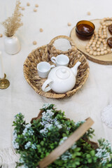 Closeup at decor, home comfort decoration at blanket.