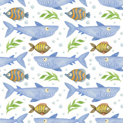 Cute watercolor seamless pattern, cartoon underwater ocean, sea animals on a white background, shark.