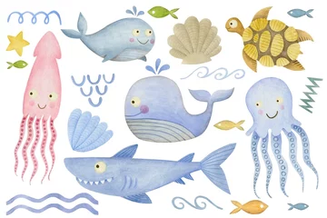Crédence de cuisine en verre imprimé Vie marine Cute watercolor set of cartoon underwater ocean sea animals.