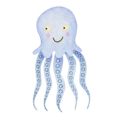 Cute watercolor cartoon octopus isolated on white background.