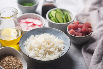 Rice as main ingredietn of Traditional Hawaiian Poke Bowl prepared with Tuna Fish