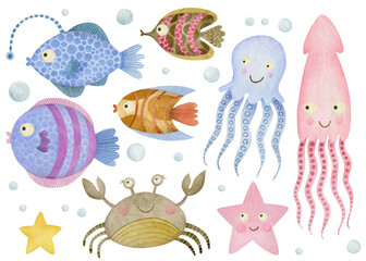 Cute watercolor set of cartoon underwater ocean sea animals.