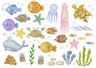 Cute watercolor set of cartoon underwater ocean sea animals.