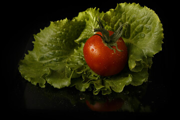 Red tomato fruit on green cabbage leaf on dark background