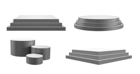 collection of blank podium, stand 3 steps isolated on white background, showcase product, 3d rendering