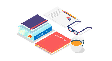 Stack of Books with Cup of Coffee and Glasses