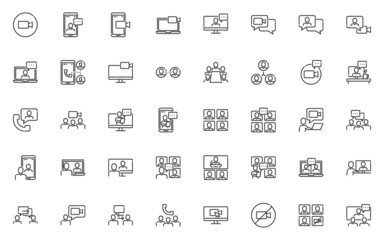 set of online meeting line icons, video conference, communication