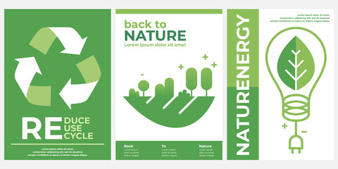 Back to Nature Energy Reduce Reuse Recycle. Set of 3 simple Background Vector Illustration Flat Style. Suitable for poster, cover, web, social banner, or flyer