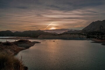The Amadorio reservoir, near Alicante in Spain, at sunset