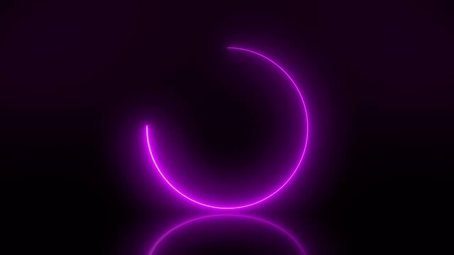 Video animation of a modern, glowing preloader and a circular bar for the loading progress in magenta on reflecting floor - abstract background - seamless loop
