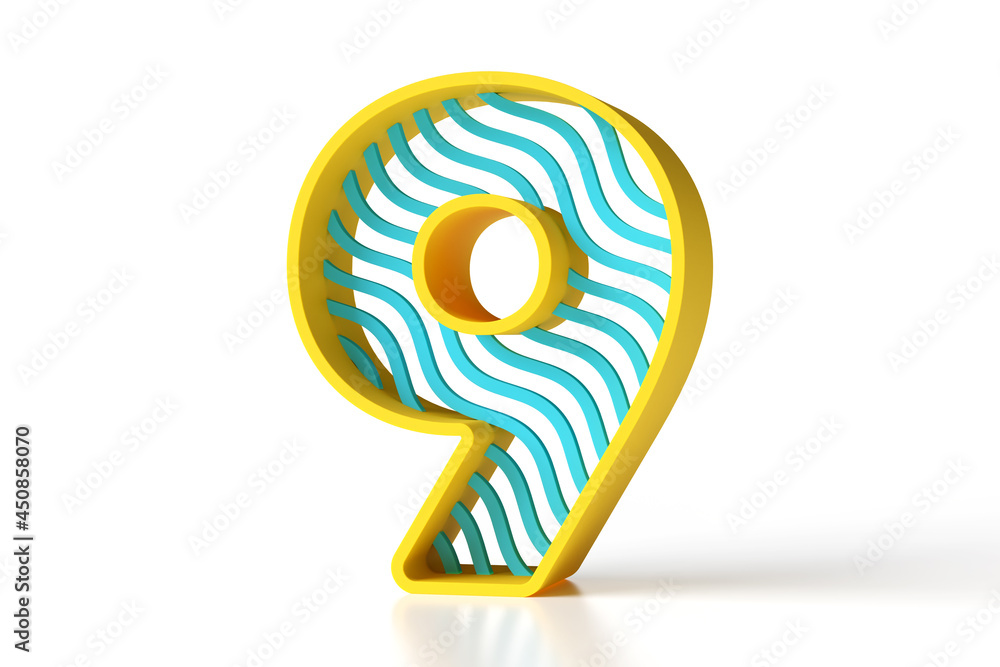 Poster 3d number 9 made of yellow outline and blue wavy pattern. high quality 3d rendering.
