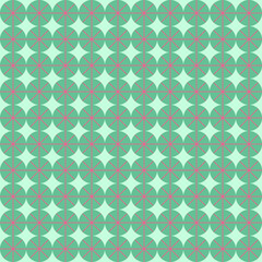 Seamless abstract geometric pattern with green circles and pink lines. Bright ornament foe fabric, textile, cover, background. Vector graphics 